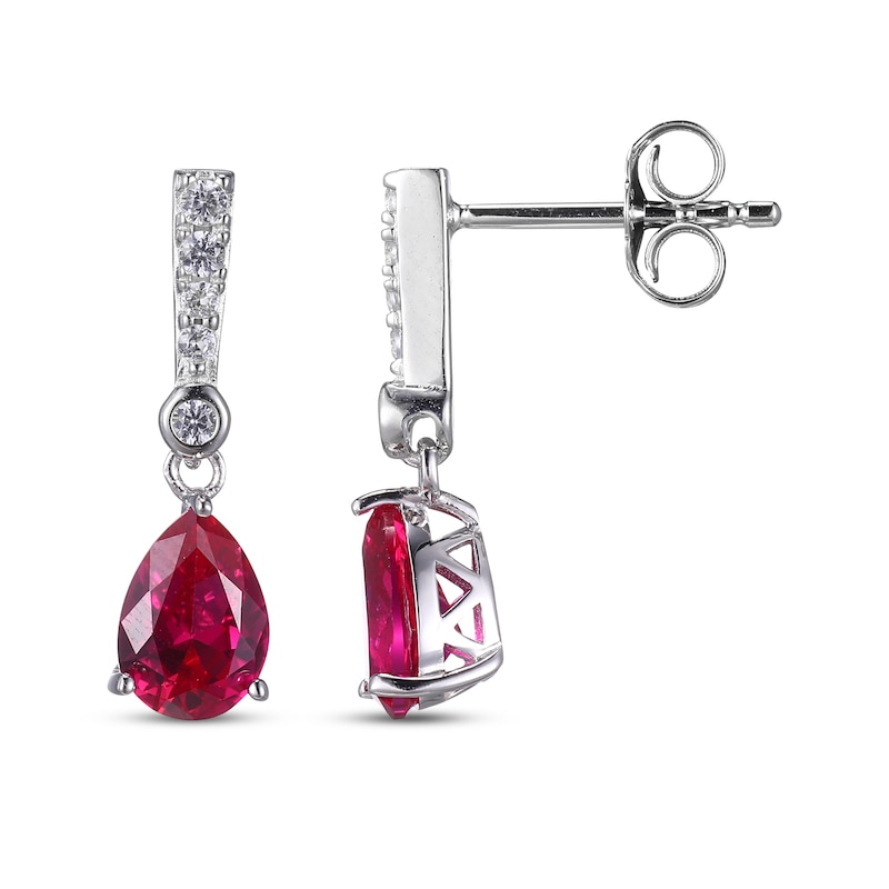 Main Image 3 of Pear-Shaped Lab-Created Ruby & Round-Cut White Lab-Created Sapphire Drop Earrings Sterling Silver