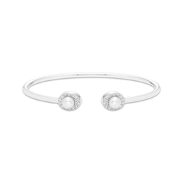 Cultured Pearl & Round-Cut White Lab-Created Sapphire Cuff Bangle Bracelet Sterling Silver