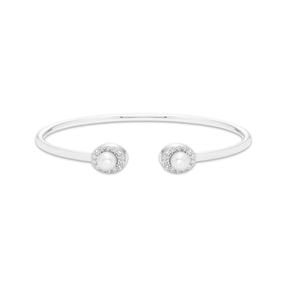 Cultured Pearl & Round-Cut White Lab-Created Sapphire Cuff Bangle Bracelet Sterling Silver