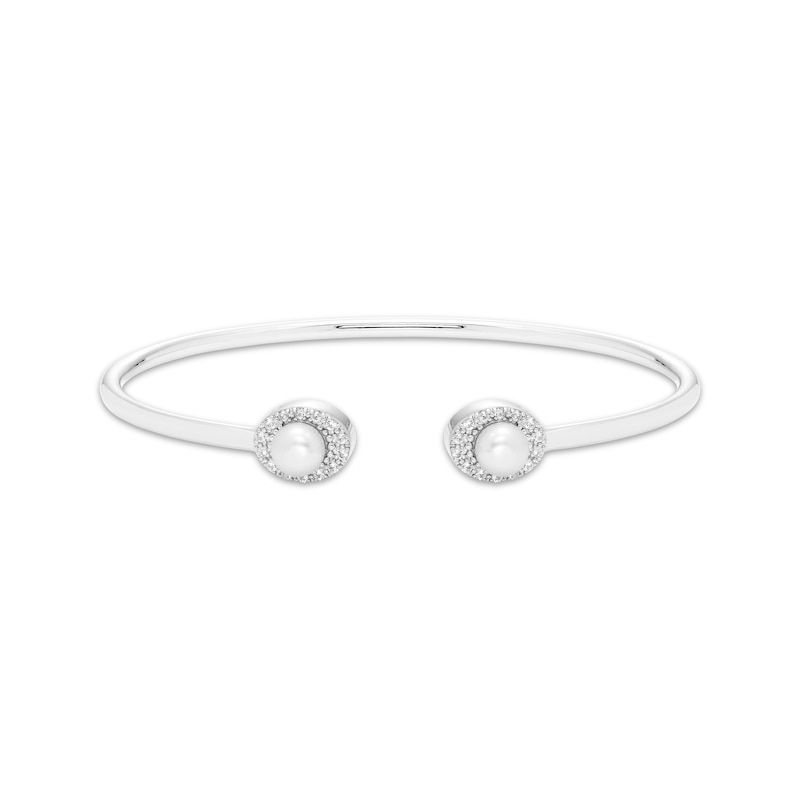 Main Image 1 of Cultured Pearl & Round-Cut White Lab-Created Sapphire Cuff Bangle Bracelet Sterling Silver