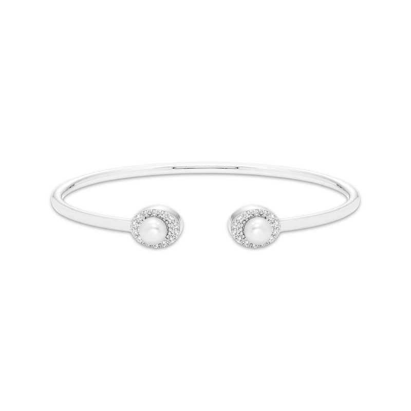 Cultured Pearl & Round-Cut White Lab-Created Sapphire Cuff Bangle Bracelet Sterling Silver