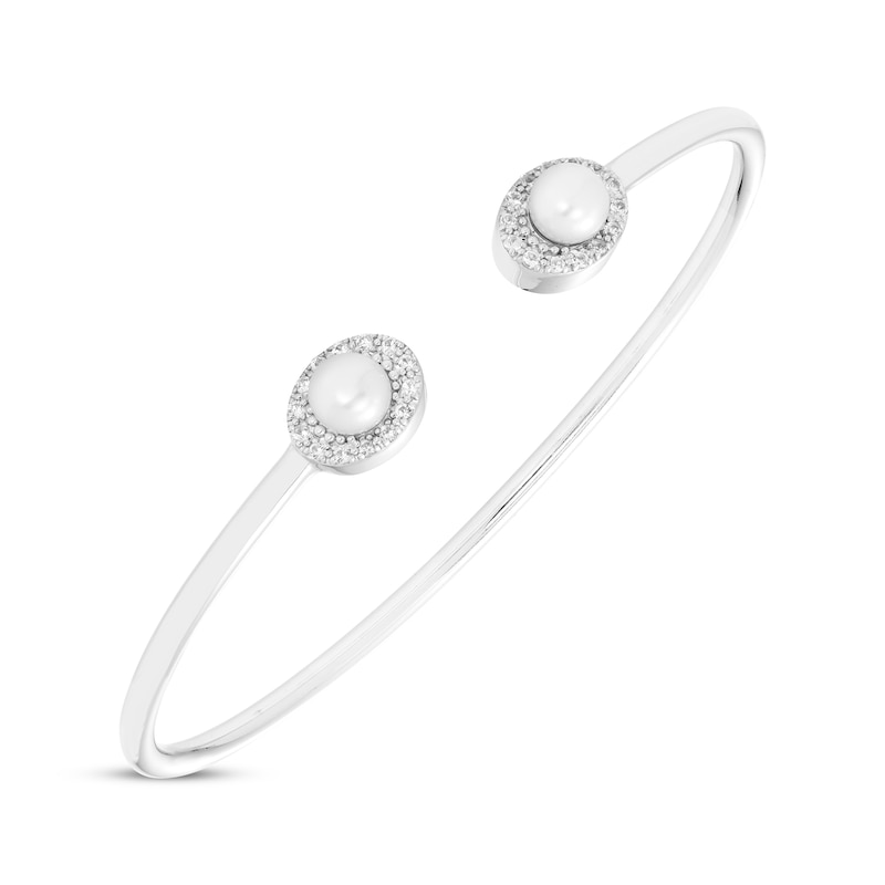 Main Image 2 of Cultured Pearl & Round-Cut White Lab-Created Sapphire Cuff Bangle Bracelet Sterling Silver