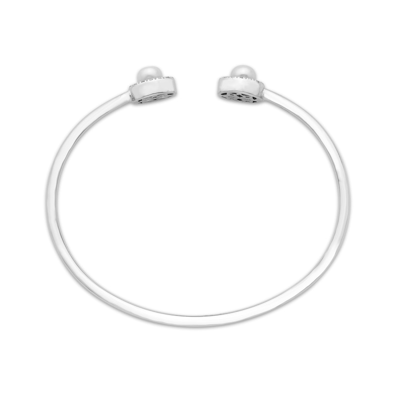 Main Image 3 of Cultured Pearl & Round-Cut White Lab-Created Sapphire Cuff Bangle Bracelet Sterling Silver