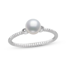 Cultured Pearl & Round-Cut White Lab-Created Sapphire Ring Sterling Silver - Size 7