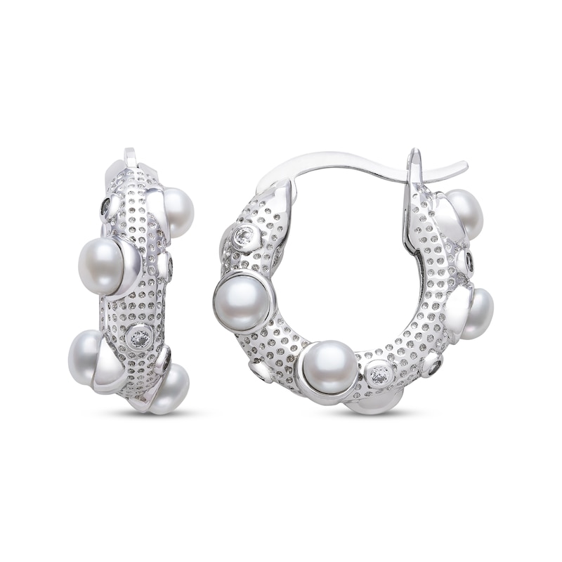 Main Image 1 of Cultured Pearl & Round-Cut White Lab-Created Sapphire Hoop Earrings Sterling Silver