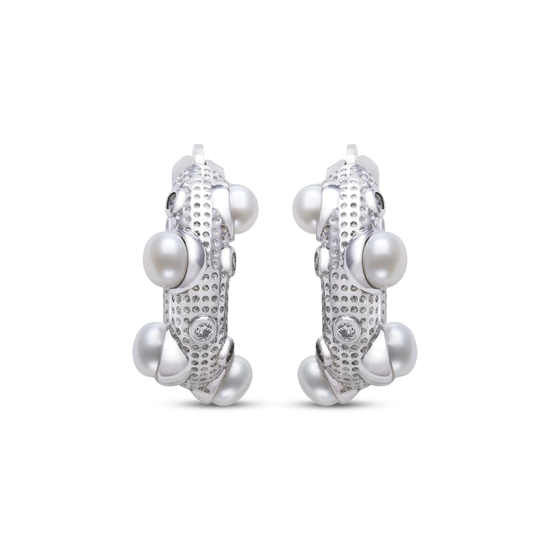 Main Image 2 of Cultured Pearl & Round-Cut White Lab-Created Sapphire Hoop Earrings Sterling Silver