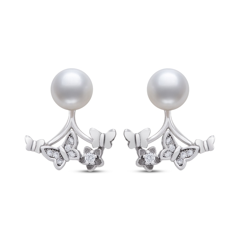Main Image 2 of Cultured Pearl & Round-Cut White Lab-Created Sapphire Front-Back Butterfly Earrings Sterling Silver