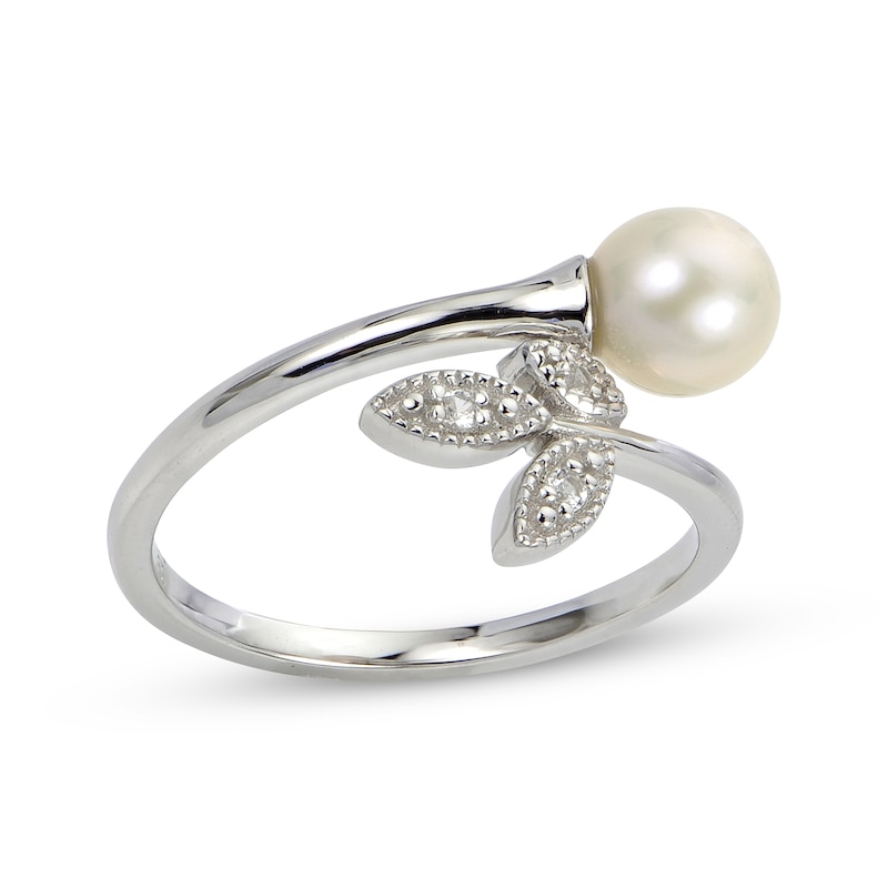 Cultured Pearl & Round-Cut White Lab-Created Sapphire Bypass Leaf Ring Sterling Silver