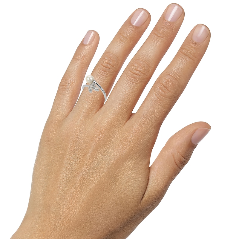 Main Image 2 of Cultured Pearl & Round-Cut White Lab-Created Sapphire Bypass Leaf Ring Sterling Silver