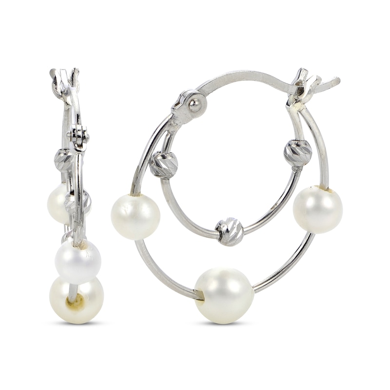 Main Image 1 of Cultured Pearl & Diamond-Cut Bead Double Hoop Earrings Sterling Silver
