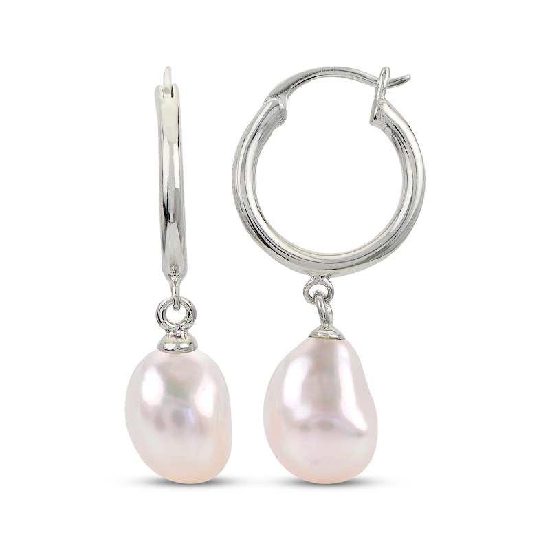 Main Image 1 of Baroque Cultured Pearl Dangle Hoop Earrings Sterling Silver
