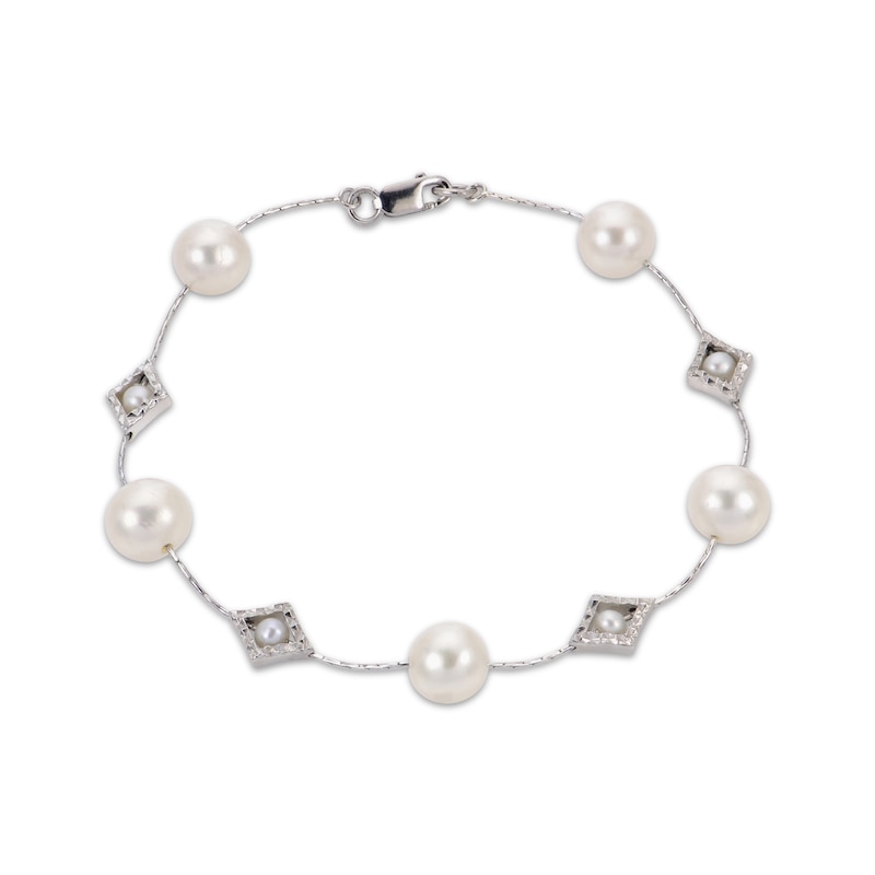 Main Image 1 of Cultured Pearl Diamond-Cut Station Bracelet Sterling Silver 7.5&quot;