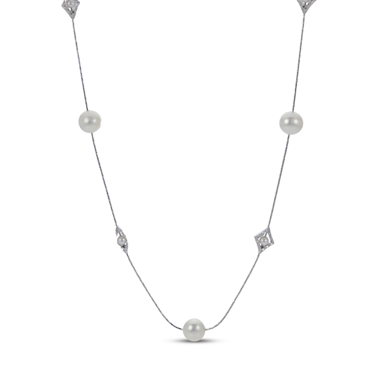 Main Image 1 of Cultured Pearl & Diamond-Cut Station Necklace Sterling Silver 18&quot;