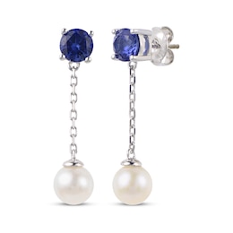 Cultured Pearl & Blue Lab-Created Sapphire Chain Drop Earrings Sterling Silver