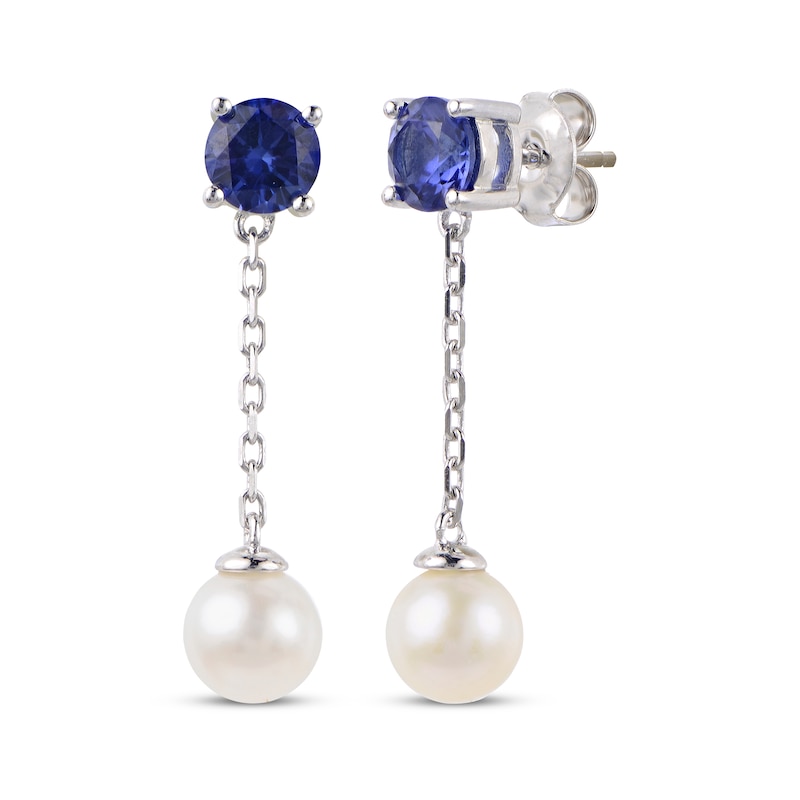 Main Image 1 of Cultured Pearl & Blue Lab-Created Sapphire Chain Drop Earrings Sterling Silver