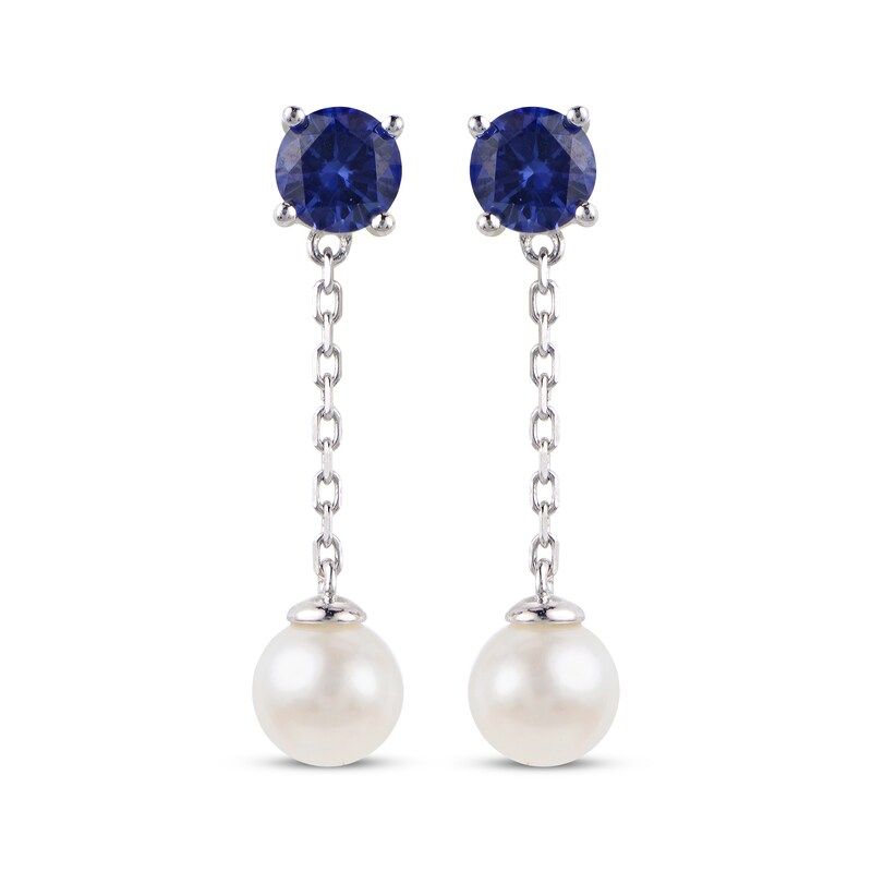 Main Image 2 of Cultured Pearl & Blue Lab-Created Sapphire Chain Drop Earrings Sterling Silver