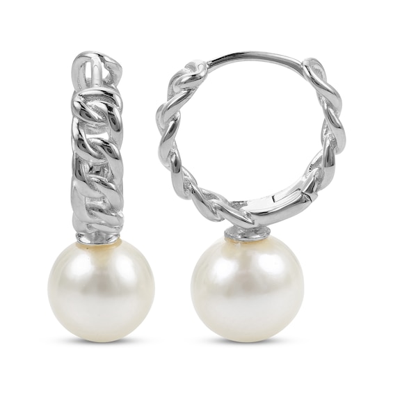 Cultured Pearl Chain Link Hoop Drop Earrings Sterling Silver