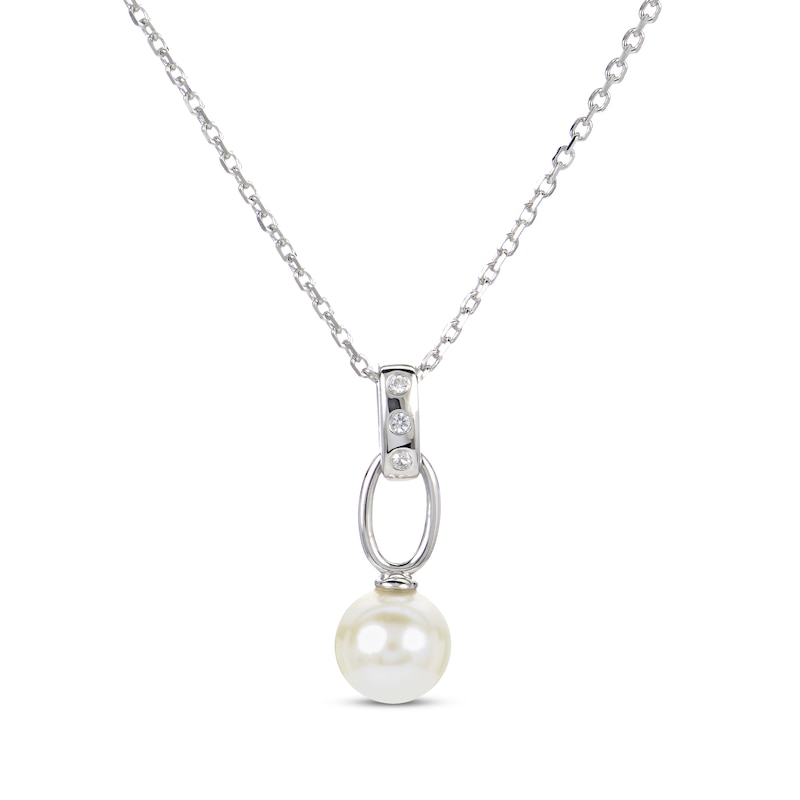Main Image 1 of Cultured Pearl & White Lab-Created Sapphire Drop Necklace Sterling Silver 18&quot;