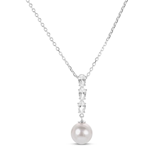 Pear-Shaped White Lab-Created Sapphire & Cultured Pearl Drop Necklace Sterling Silver 18"