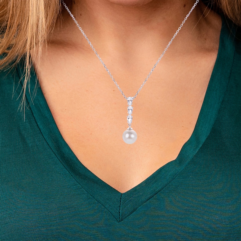 Main Image 3 of Pear-Shaped White Lab-Created Sapphire & Cultured Pearl Drop Necklace Sterling Silver 18&quot;