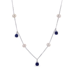 Cultured Pearl & Blue Lab-Created Sapphire Station Dangle Necklace Sterling Silver 18&quot;