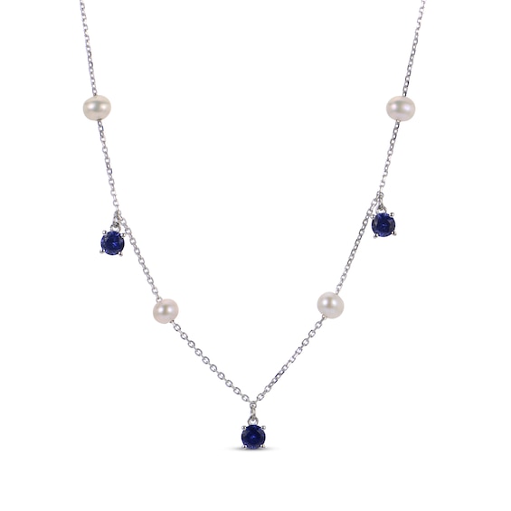 Cultured Pearl & Blue Lab-Created Sapphire Station Dangle Necklace Sterling Silver 18"