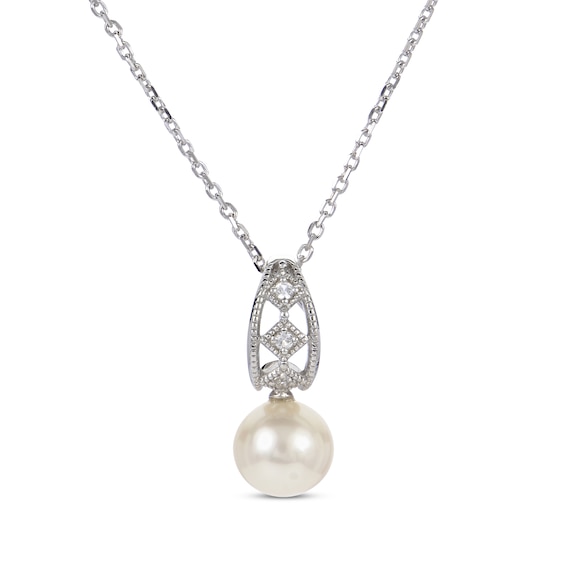 Cultured Pearl & White Lab-Created Sapphire Vintage-Inspired Necklace Sterling Silver 18"