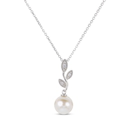 Cultured Pearl & White Lab-Created Sapphire Vine Drop Necklace Sterling Silver 18&quot;