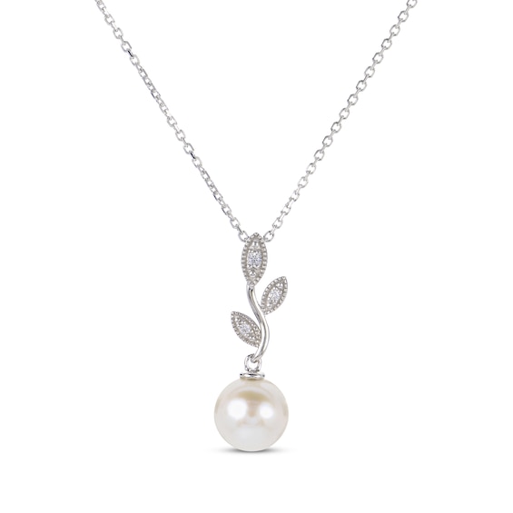 Cultured Pearl & White Lab-Created Sapphire Vine Drop Necklace Sterling Silver 18"