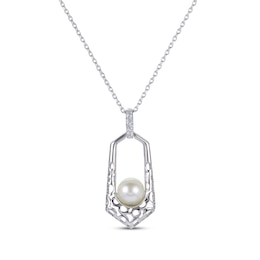 Cultured Pearl & White Lab-Created Sapphire Geometric Necklace Sterling Silver 18"