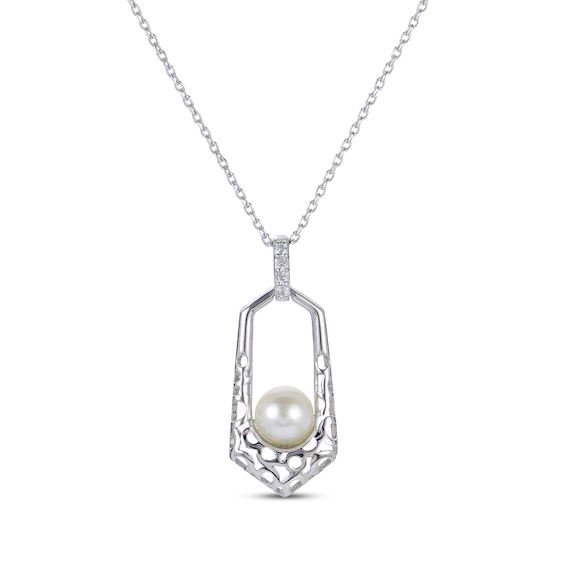 Cultured Pearl & White Lab-Created Sapphire Geometric Necklace Sterling Silver 18"