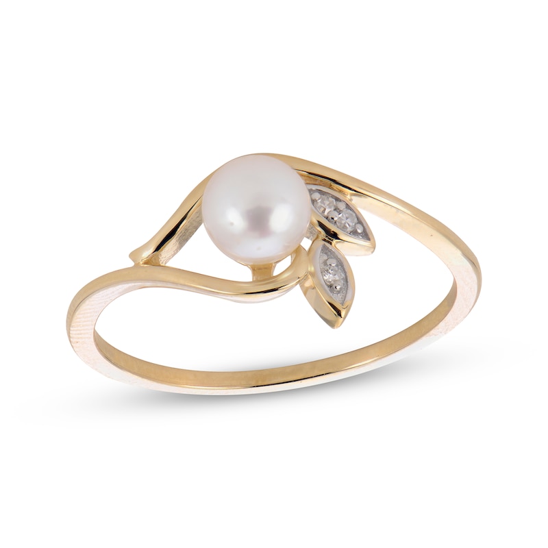 Main Image 1 of Cultured Pearl & Diamond Accent Leaf Bypass Ring 10K Yellow Gold