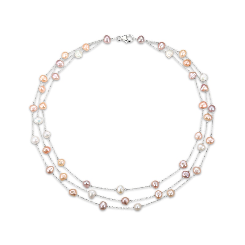 Main Image 1 of Multi-Color Baroque Cultured Pearl Three-Strand Station Necklace Sterling Silver 17&quot;