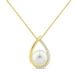 Cultured Pearl & White Lab-Created Sapphire Necklace 10K Yellow Gold 18"