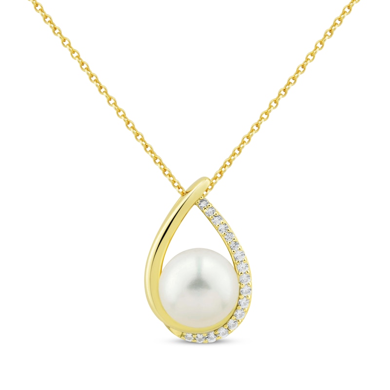 Main Image 1 of Cultured Pearl & White Lab-Created Sapphire Necklace 10K Yellow Gold 18&quot;