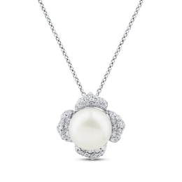 Cultured Pearl & White Lab-Created Sapphire Flower Necklace Sterling Silver 18"