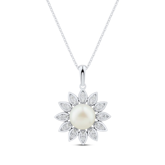 Cultured Pearl & White Lab-Created Sapphire Marquise Petal Flower Necklace Sterling Silver 18"