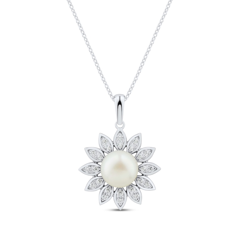 Main Image 1 of Cultured Pearl & White Lab-Created Sapphire Marquise Petal Flower Necklace Sterling Silver 18&quot;