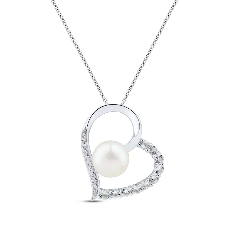 Main Image 1 of Cultured Pearl & White Lab-Created Sapphire Tilted Heart Necklace Sterling Silver 18"