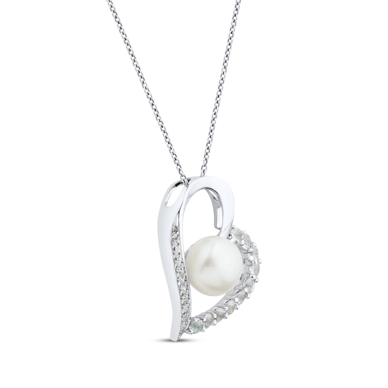 Main Image 2 of Cultured Pearl & White Lab-Created Sapphire Tilted Heart Necklace Sterling Silver 18"