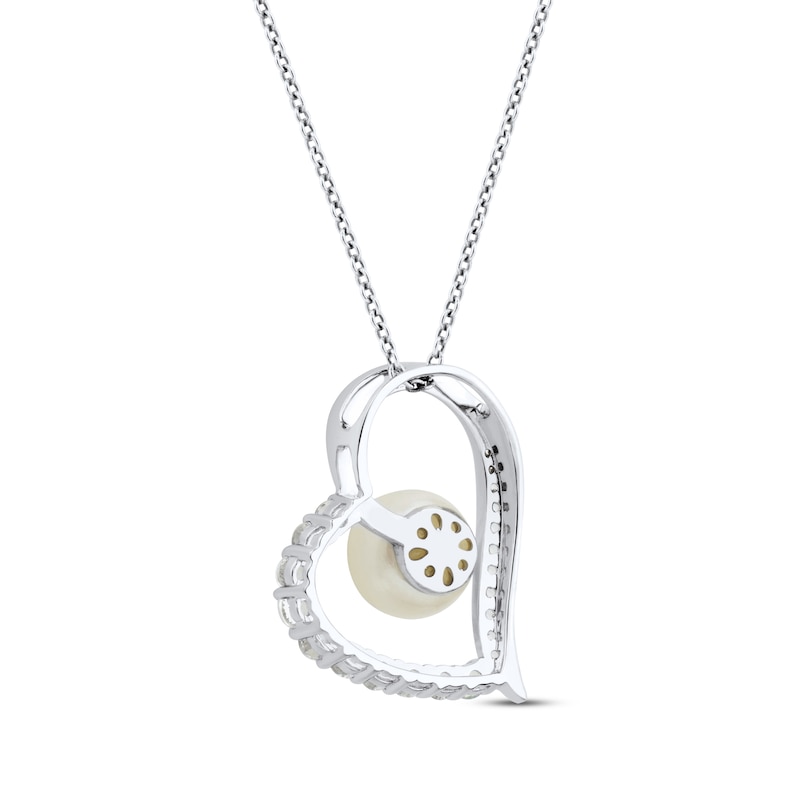 Main Image 3 of Cultured Pearl & White Lab-Created Sapphire Tilted Heart Necklace Sterling Silver 18"