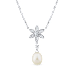 Cultured Pearl & White Lab-Created Sapphire Flower Drop Necklace Sterling Silver 18"
