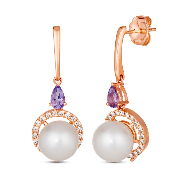 Main Image 1 of Le Vian Cultured Pearl & Amethyst Dangle Earrings 1/3 ct tw Diamonds 14K Strawberry Gold