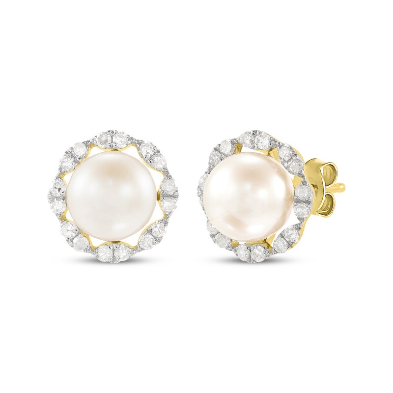 Main Image 1 of Cultured Pearl & Diamond Stud Earrings 1/5 ct tw 10K Yellow Gold