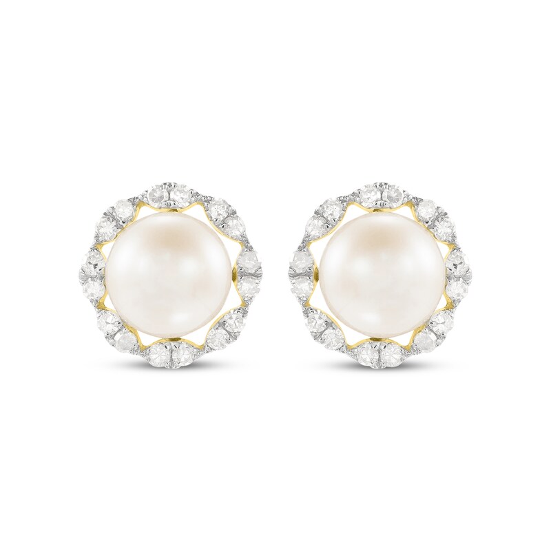 Main Image 2 of Cultured Pearl & Diamond Stud Earrings 1/5 ct tw 10K Yellow Gold