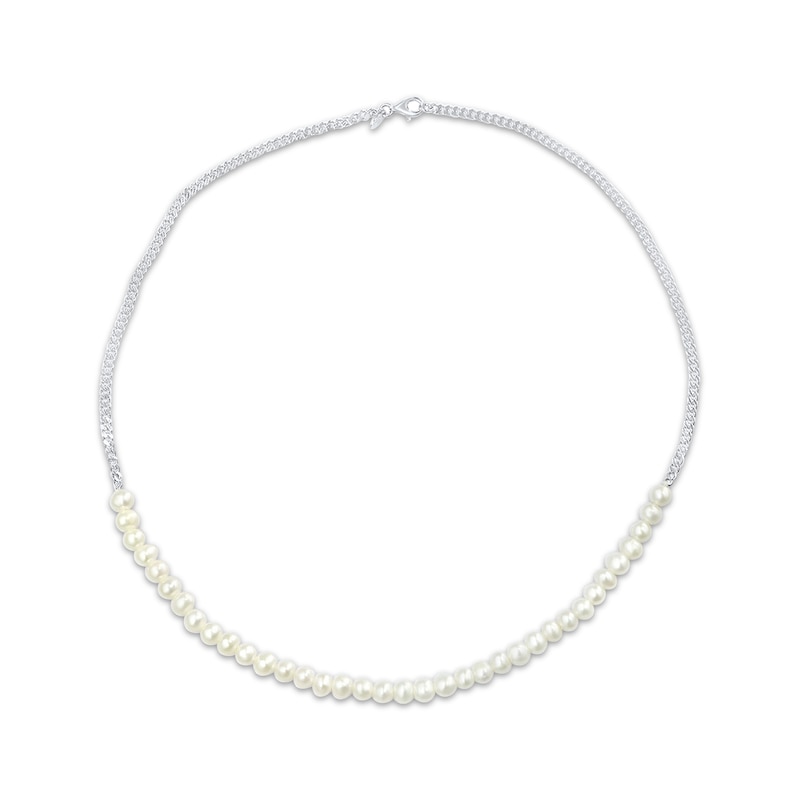 Main Image 1 of Cultured Pearl & Curb Chain Necklace Sterling Silver 18&quot;