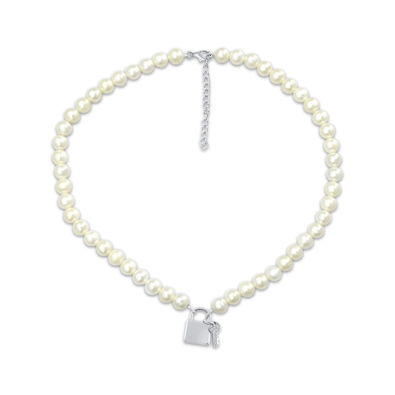 Main Image 1 of Cultured Pearl Lock & Key Necklace Sterling Silver 17&quot;
