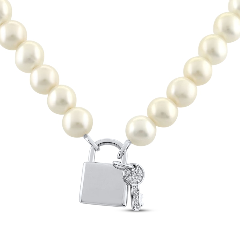 Main Image 2 of Cultured Pearl Lock & Key Necklace Sterling Silver 17&quot;