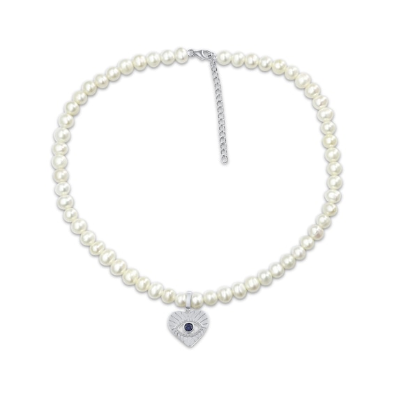 Cultured Pearl, Blue & White Lab-Created Sapphire Evil Eye Heart Necklace Sterling Silver 17"