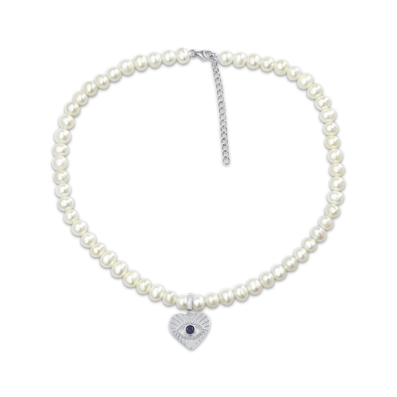 Main Image 1 of Cultured Pearl, Blue & White Lab-Created Sapphire Evil Eye Heart Necklace Sterling Silver 17&quot;
